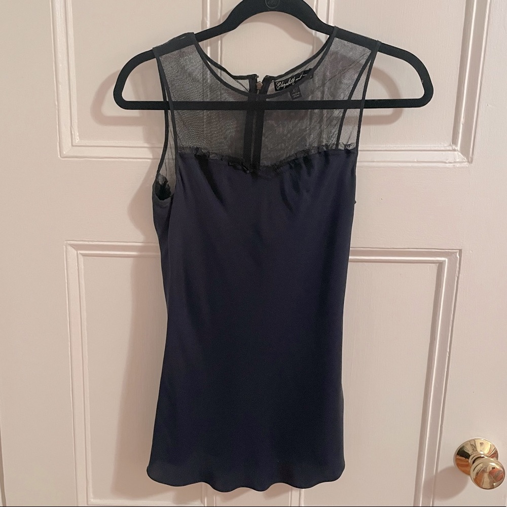 Elizabeth and James Silk Navy Top with Mesh Panel Size XS